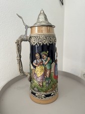 Gerz Bierkrug mit Zinndeckel - Handarbeit, Reliefmotiven