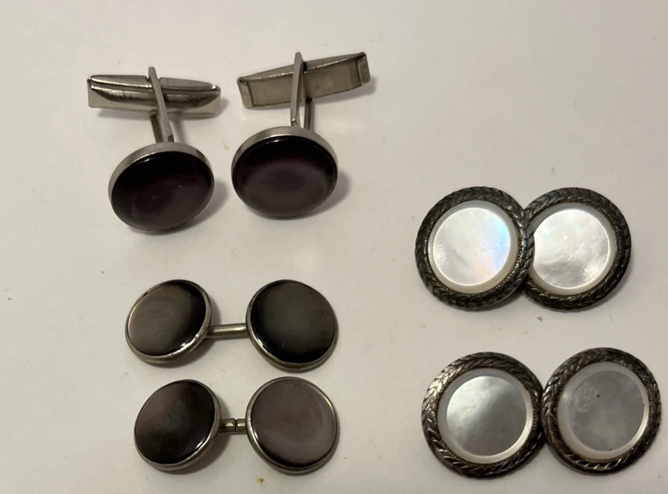 Silver 925 9g Wt Dark Abalone Cufflinks & 4 Chain Links Mens Vintage Formal Wear - Image 2 of 3