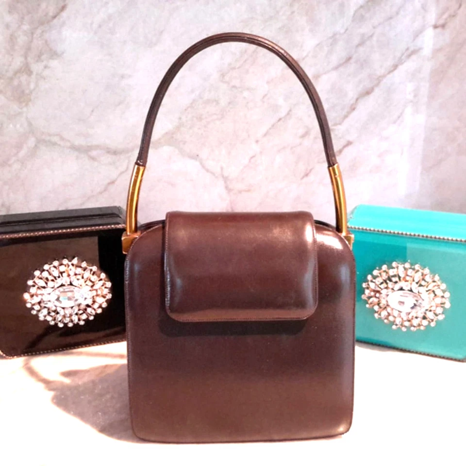 1960s VNTG VERY RARE Judith Lieber Couture Satchel Brown Mini Peekaboo Handbag  - Image 3 of 4