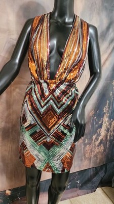 Sequin Halter Mini Dress | Bronze Geometric Bodycon Cocktail Dress | Open Back