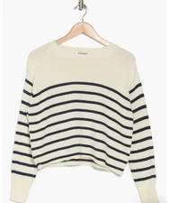 NWT Vigoss Stripe Boxy Crop Cotton Blend Sweater Women Cream Navy Crew Neck Sz S