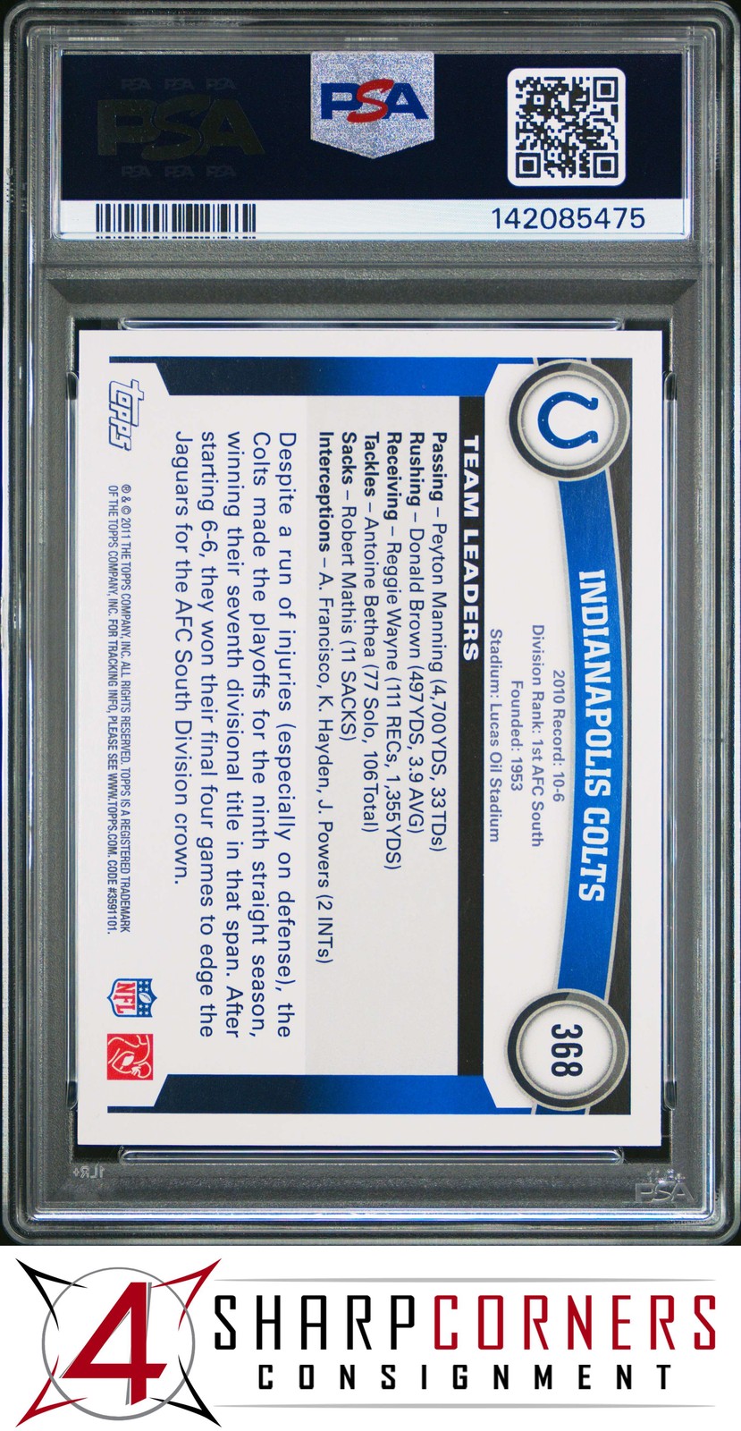 2011 TOPPS #368 INDIANAPOLIS COLTS PEYTON MANNING PSA 10 view 2