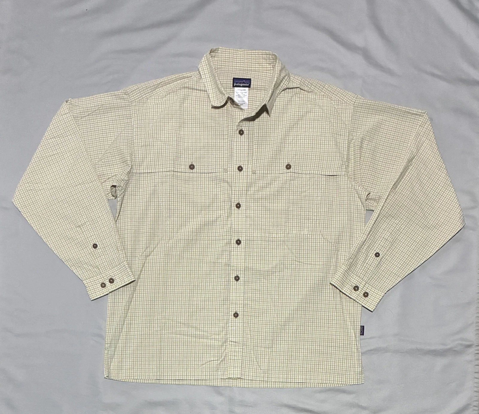 Patagonia Shirt Mens Large Beige Check Plaid Hiking Lightweight Quick Dry