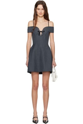 Gray One-Shoulder Flare Ribbon Mini Dress Polyester-Wool Gown Used