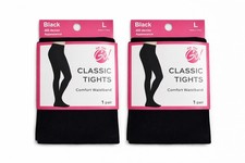 Classic Black Footed Tights 2-Pack Opaque Comfort Waistband Size Large