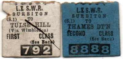 L & S W Eisenbahn Ticket x 2 Surbiton nach Tulse Hill / Thames Dt'n - erste/zweite