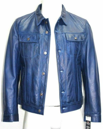Men's Blue Genuine Lambskin Leather Trucker Jacket Biker Denim Shirt Style - Picture 3 of 9