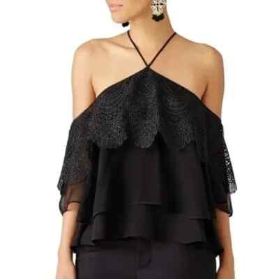NEW | Cinq à Sept Fleur Tiered Silk Lace  Cold Shoulder Halter Tie Top S - $385