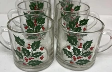 Vnt Set of 4 Bartlett Collins Holly & Berries Christmas Glass Coffee Cups Mugs
