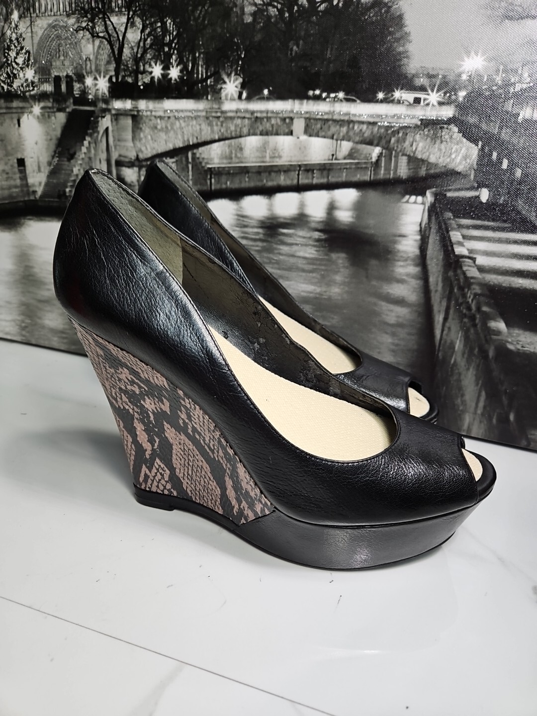 Nine West  Black Leather/Python Pattern 5"Wedge H… - image 1