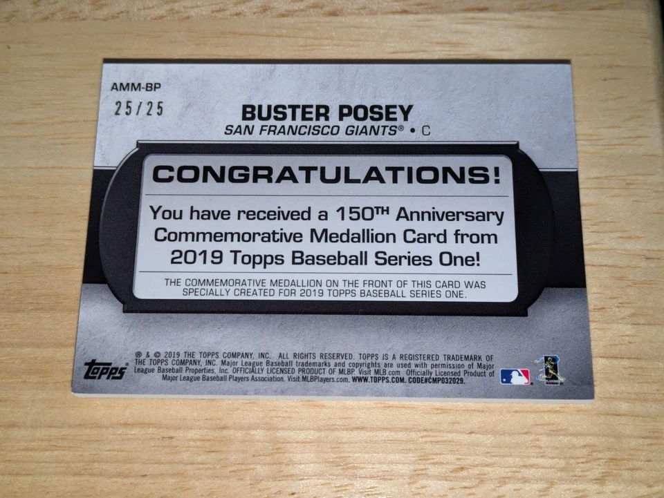 Buster Posey 2019 Topps 150th Anniversary Medallion #AMMBP Red Parallel 25/25 - Image 2 of 3
