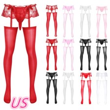 US Men Nylon Tights Fishnet Stockings High Pantyhose Lace Crossdresser Underwear