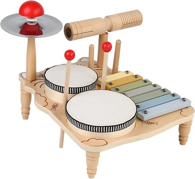 Kid's Musical Starter Kit Portable Multi Color Drum Set Wooden Xylophone