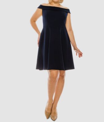 B Darlin Juniors Trendy Plus Off The Shoulder Fit Flare Dress Navy 14W