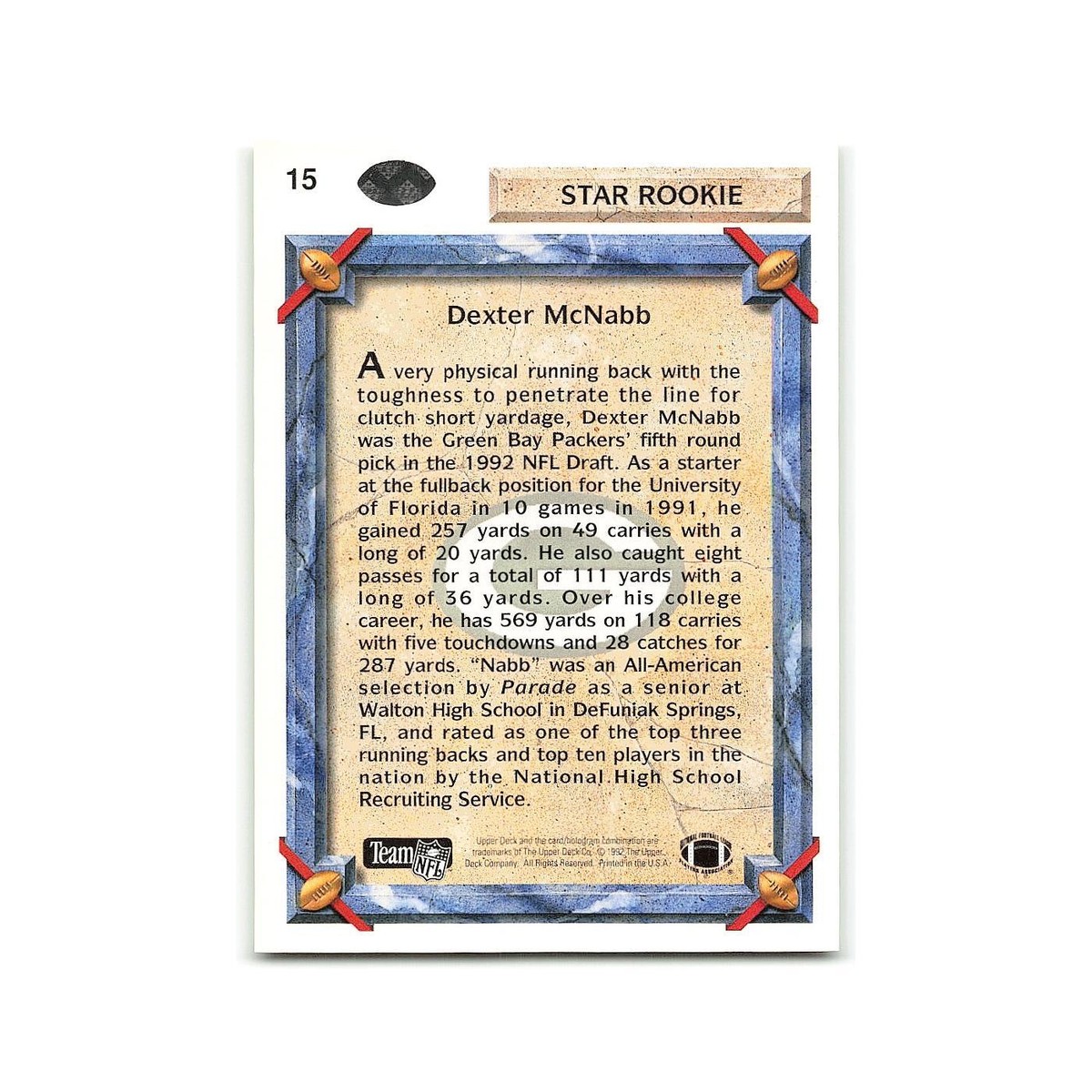 Dexter McNabb Rookie 1992 Upper Deck #15 Green Bay Packers