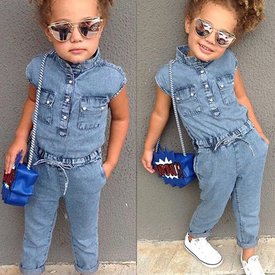 Summer Toddler Baby Girls Denim Kids Romper Bodysuit Jumpsuit Outfits Clothes - Image 3 of 4