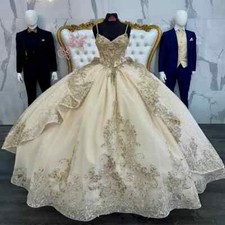 Light Champagne Princess Quinceanera Dress Luxury Gold Sequin Ball Gown Sweet 15