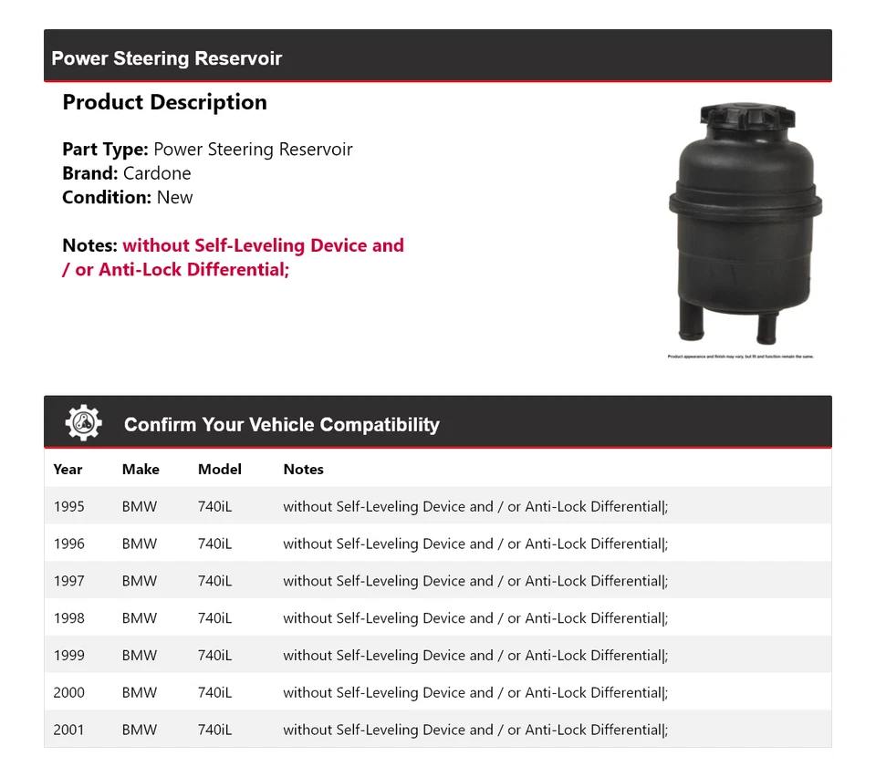 Reservatório de direção hidráulica Cardone 1996 1997 1998 1999 para 1995-2001 BMW 740iL - Imagem 2 de 4