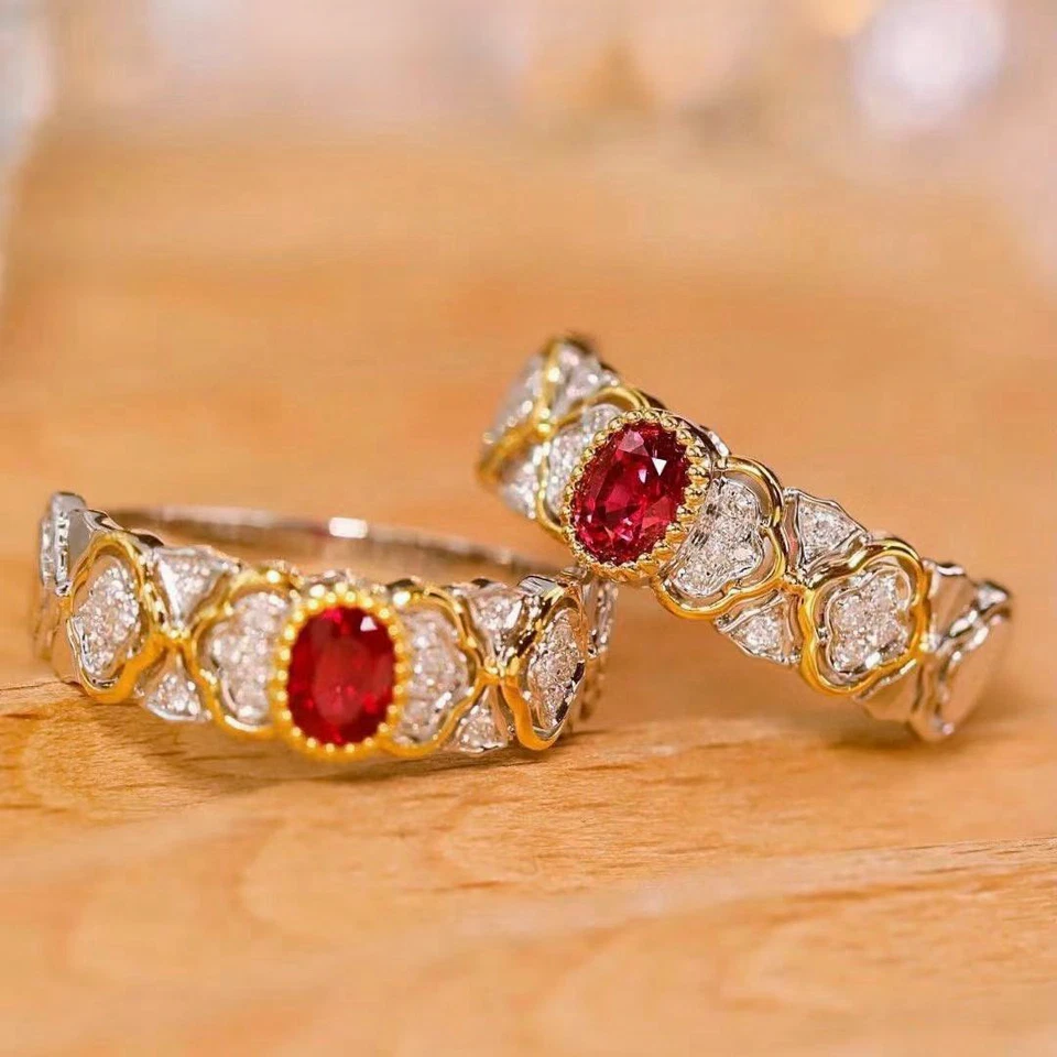 Anillo Dama Diamante Natural Rubí Creado en Laboratorio Milgrain De Colección Regalo Oro 14K 2 Tonos Foto 2 de 4