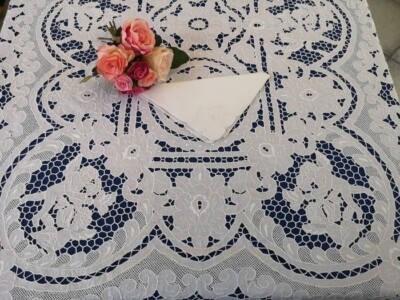 Museum Pure Linen Tablecloth Hand Embroidered Carving 18 Seater 175x375cm