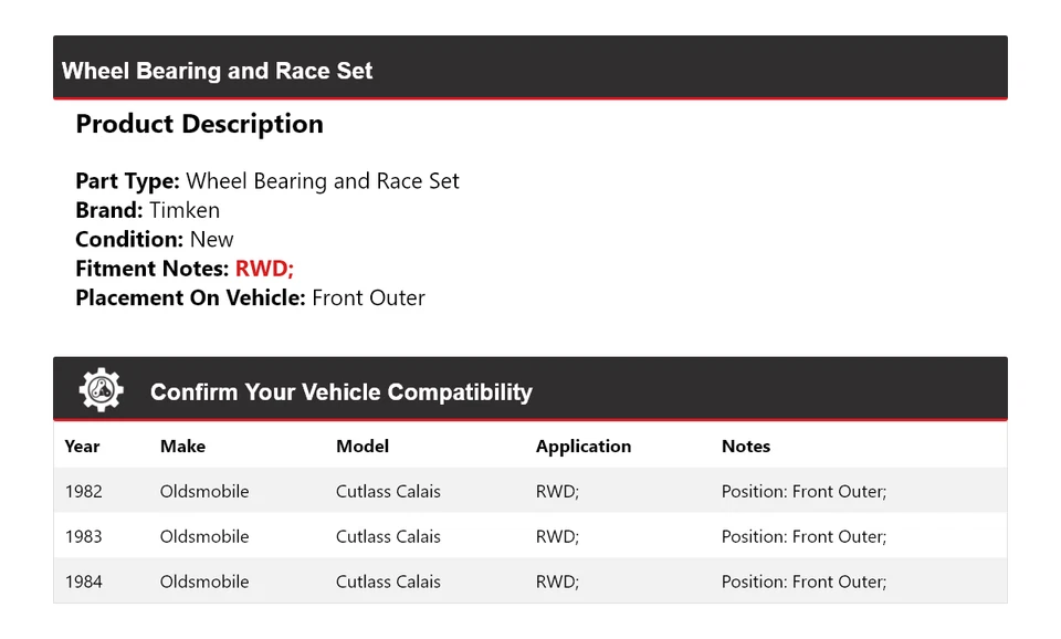 Juego de carreras de cojinete de rueda delantero exterior para 82-84 Oldsmobile Cutlass Calais Foto 2 de 4