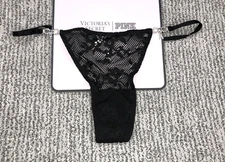 Victoria's Secret NWT Dream Angels Medium Black Lace Thong Panty Rhinestone Bow