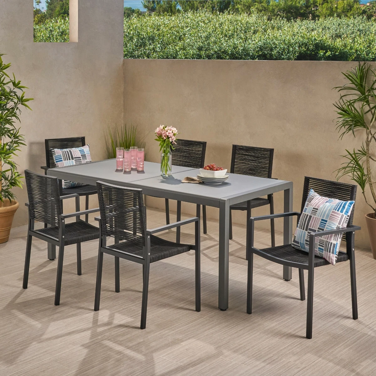 Aaleigha Outdoor Modern 6 Seater Aluminum Dining Set with Tempered Glass Table T