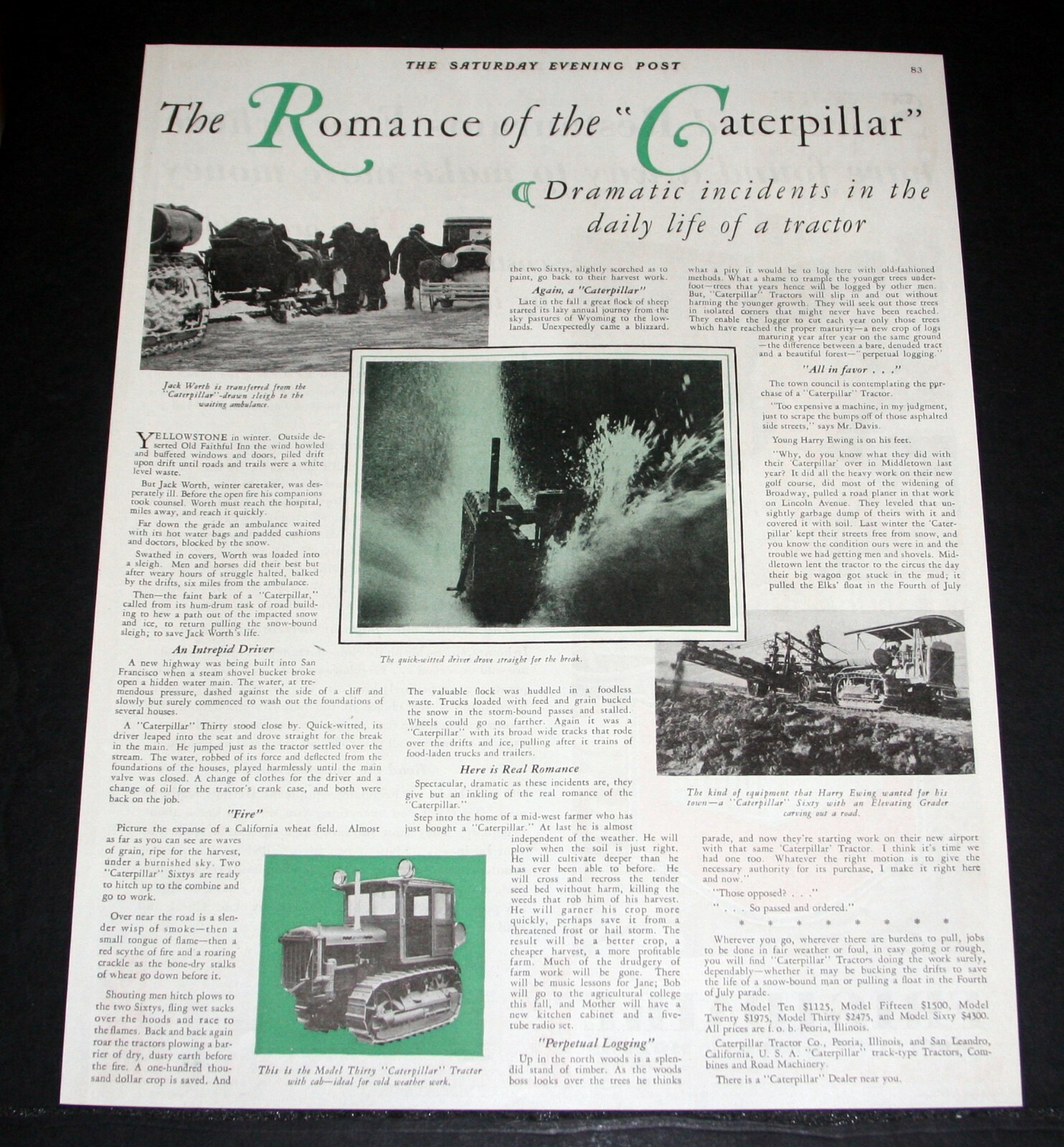 1929 OLD MAGAZINE PRINT AD, CATERPILLAR TRACTORS, DRAMATIC INCIDENTS ...
