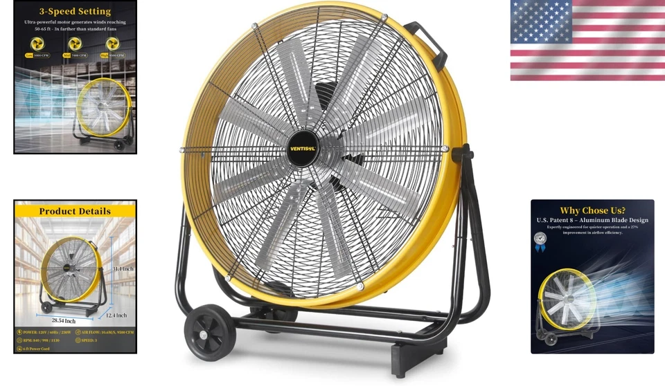 Ventilador de tambor de metal de alta resistencia de 24" - Lo último en circulación de aire para grandes espacios Foto 2 de 4