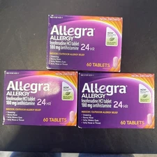 3x Allegra 24 Hour Allergy Tablets, 60 Count, 180 mg, Non-Drowsy EXP: 3/27 Dmg