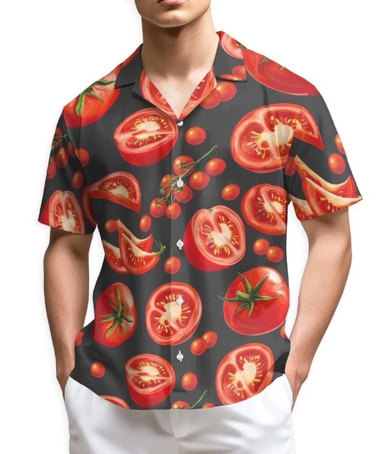 Tomato Print Hawaiian Shirt, Funny Food Shirt, Unisex Vacation Wear