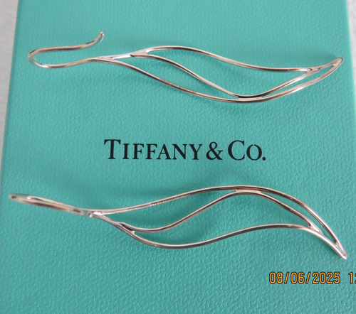 RARE TIFFANY & CO STERLING ELSA PERETTI "LEAF" EARRINGS W/ BOX & POUCH & RIBBON - Picture 2 of 6
