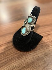 Vintage Navajo Turquoise Sterling Silver Leaves Ring Size 7 Stamped 9.0g