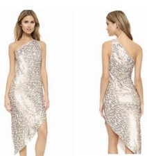 Halston Heritage Cream Gold One Shoulder Asymmetric Dress Size 10 NWT