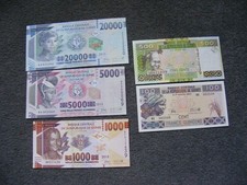 B389 Guinea Banknotes 2015 x 5: 100 500 1000 5000 20000 Francs as pics Unc
