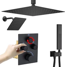 Dual Shower Head System with 16" Ceiling Mounted Rain Shower Head Matte Black