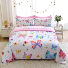 7 Piece Comforter Set for Girls Kids Cute Colorful Flowers Full Butterfly