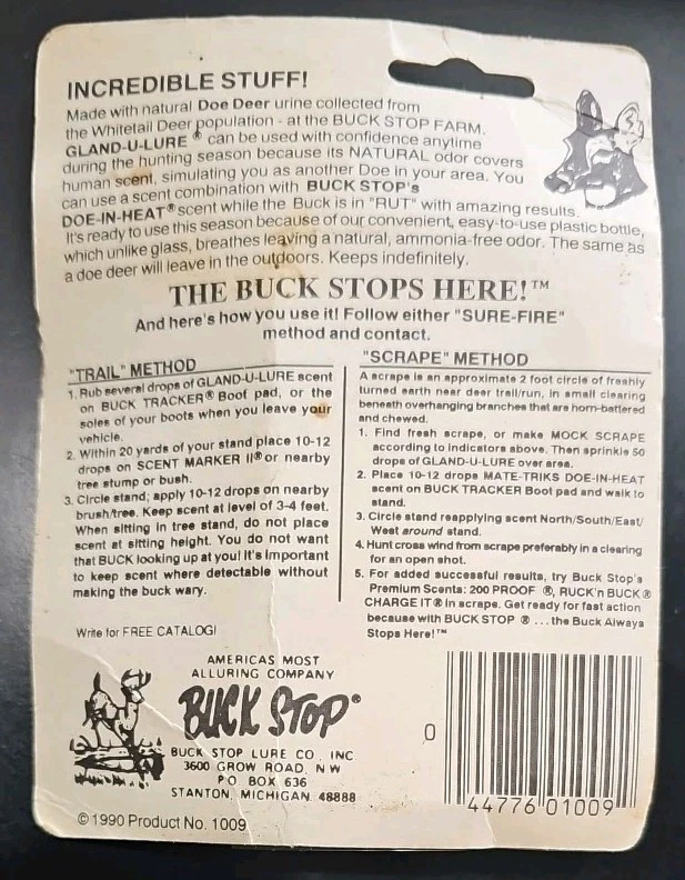 1990 NEW OLD STOCK NOS Buck Stop Gland-U-Lure Natural Doe Deer Urine No. 1009 - Image 2 of 4