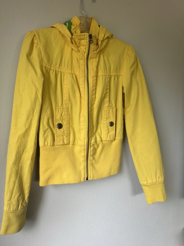 Chaqueta Tul Anthropologie Amarilla Capucha Extraíble Algodón Forro Verde Boho Talla XS Foto 2 de 4