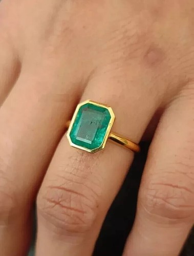 Certified 2CT Emerald Natural Emerald Bezel Set #Horoscope Ring 14K Yellow Gold - Picture 9 of 15