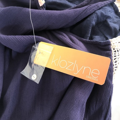 NEW: Klozlyne Women Crochet Dress Sz Small Navy Blue Crinkle Sleeveless - Picture 10 of 11