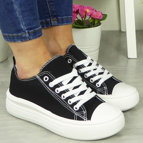 Damen Canvas Damen Lauftrainer Schnürung Plateau Freizeit Turnschuhe Schuhe Größe - Bild 2 von 18