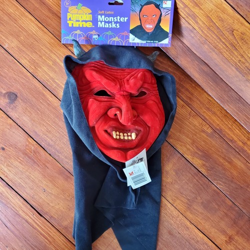 Vintage Cosplay Devil Mask Red Halloween Pumpkin Time Latex Monster Hood New - Picture 2 of 7