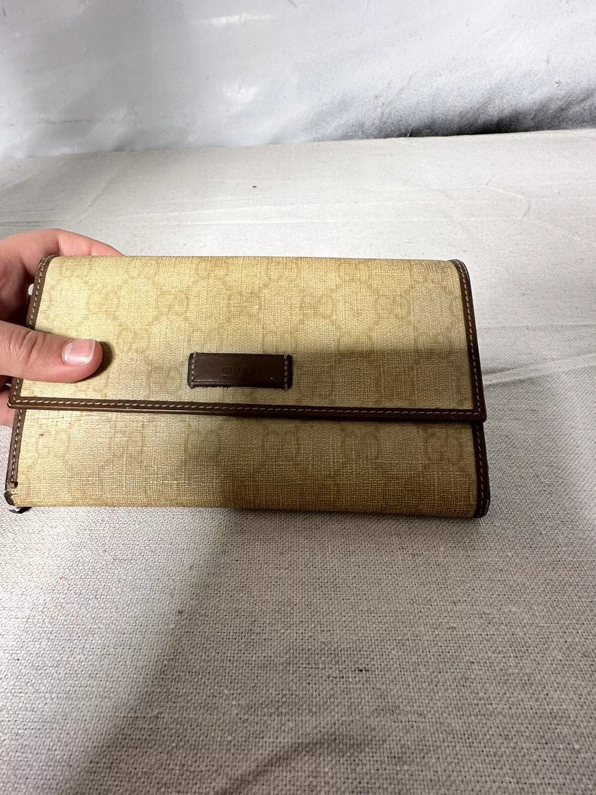 Portefeuille vintage Gucci sac long pliant GG Supreme PVC marron authentique