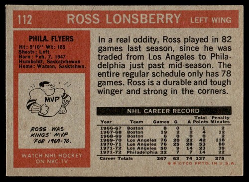 1972-73 Topps #112 Ross Lonsberry Philadelphia Flyers NR-MINT SET BREAK! - Picture 2 of 2