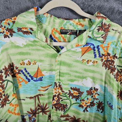 VINTAGE THUMBS UP Hawaiian Mens Camp Shirt Lime Green Sz L Tropical Print Resort