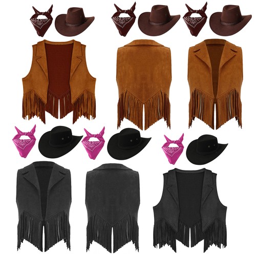 Kids Girls Western Cowgirls Costume Tassel Cowboy Vest with Bandana and Hat Set