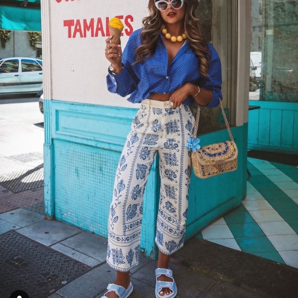 ZARA EMBROIDERED LINEN BLEND PANTS BLUE WHITE XS S L NWT | eBay