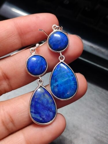 Natural Lapis Lazuli Dangle Drop Earrings Sterling Silver Gemstone Hook Jewelry - Afbeelding 1 van 5