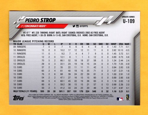 2020 Topps Update Baseball - Pedro Strop - Reds - UNLIMITED SHIPPING FOR $4.00 - Picture 2 of 2